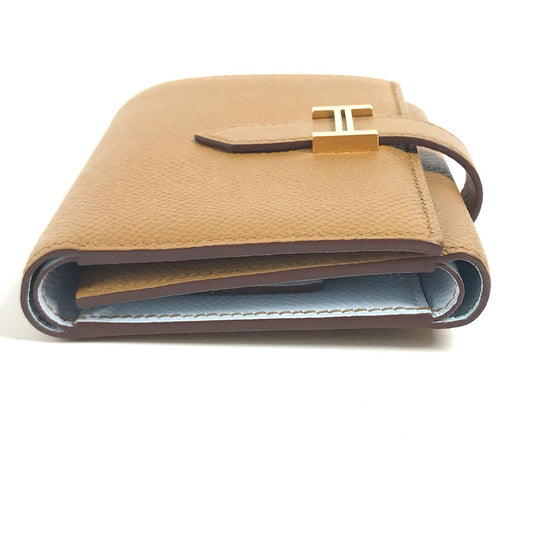 HERMES Trifold wallet Epsom Brown x light blue H logo bicolor Bean combine