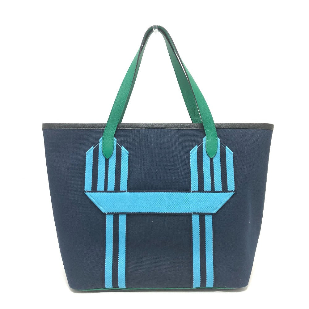 HERMES Tote Bag Toile Militaire, Taurillon Clemence Navy x Blue x Green Pure Sangle Women Used