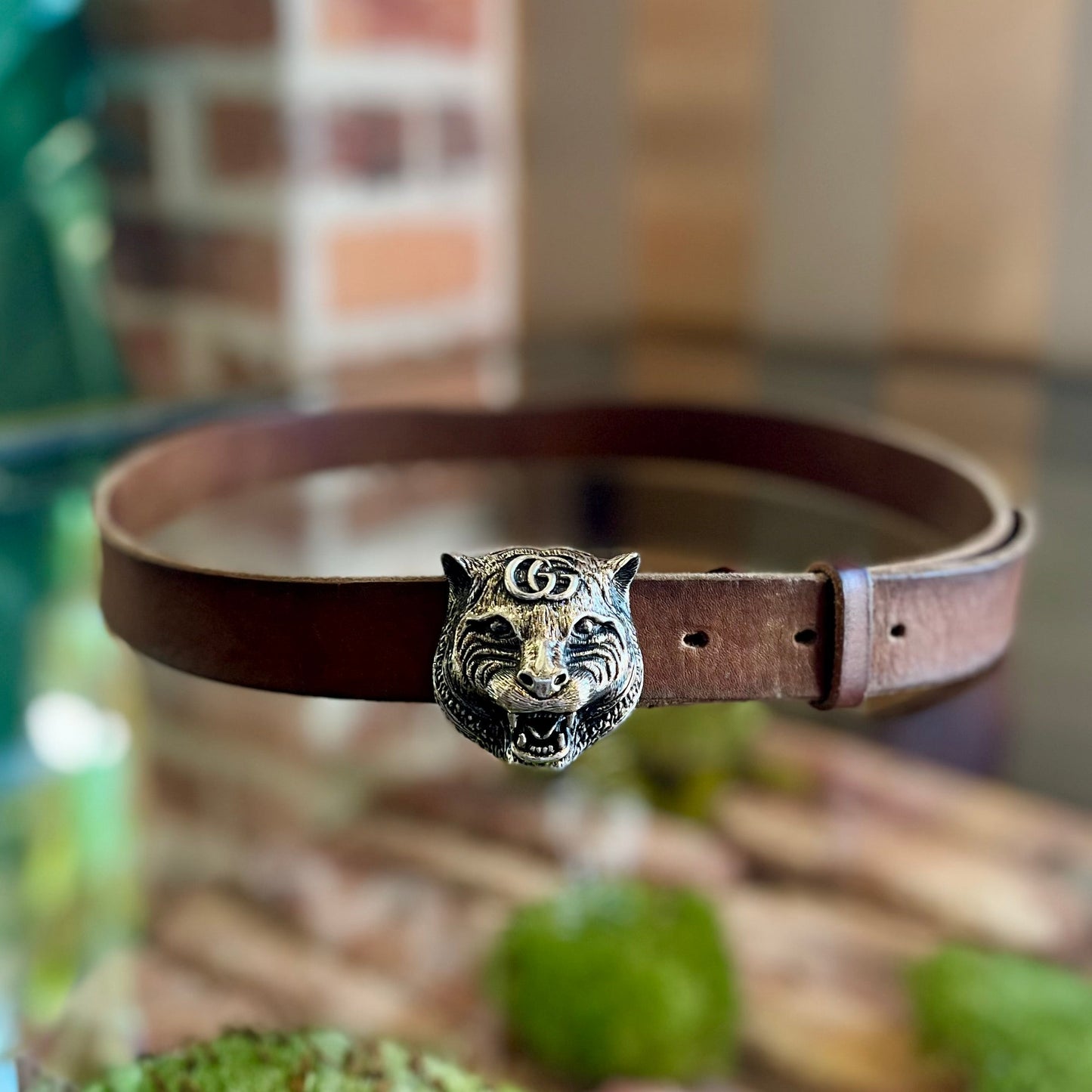 GUCCI Tiger Head Buckle Brown Raw Leather Belt 85/34