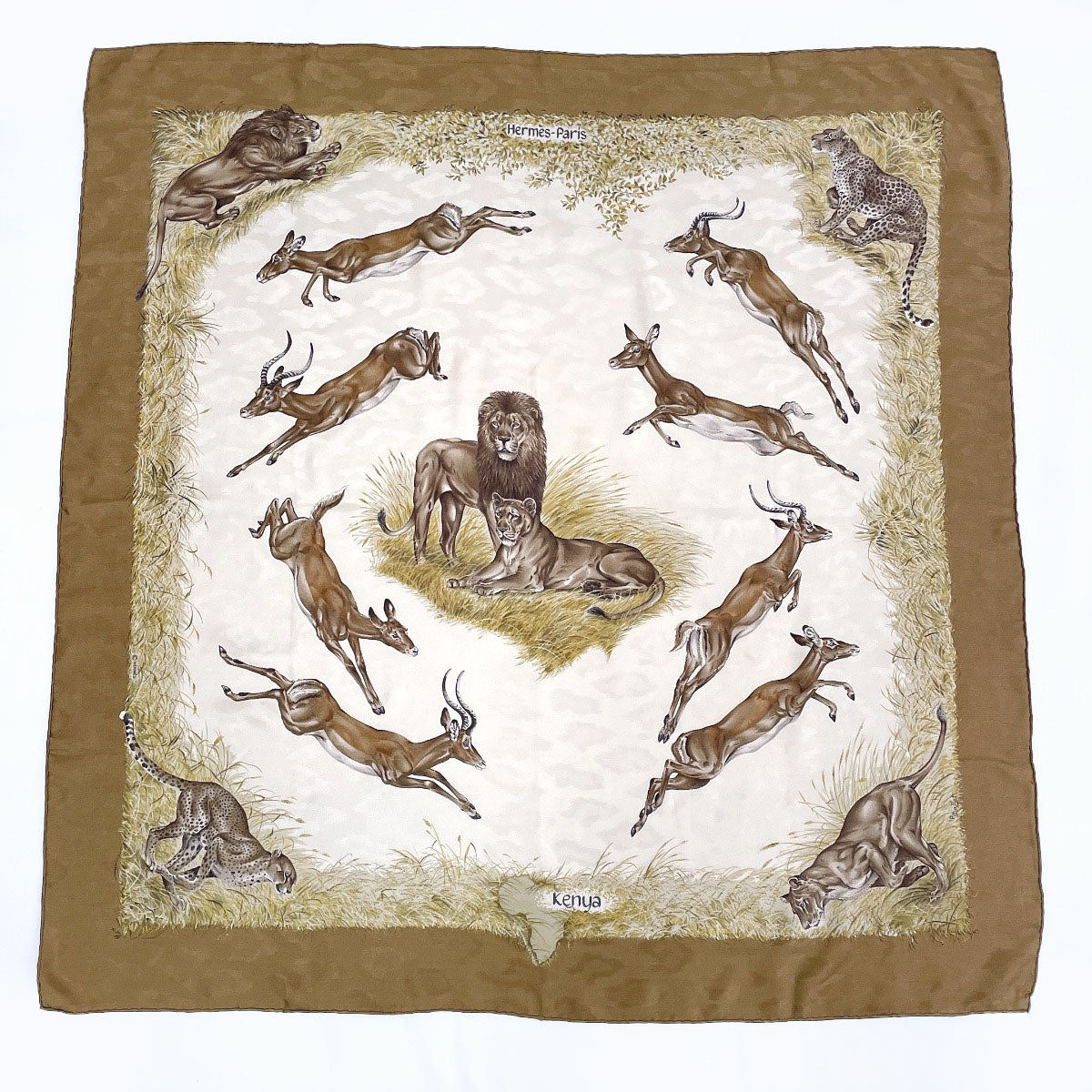 HERMES scarf Silk, 100% silk Brown KENYA Kenya Animal Carre 90 Women Used