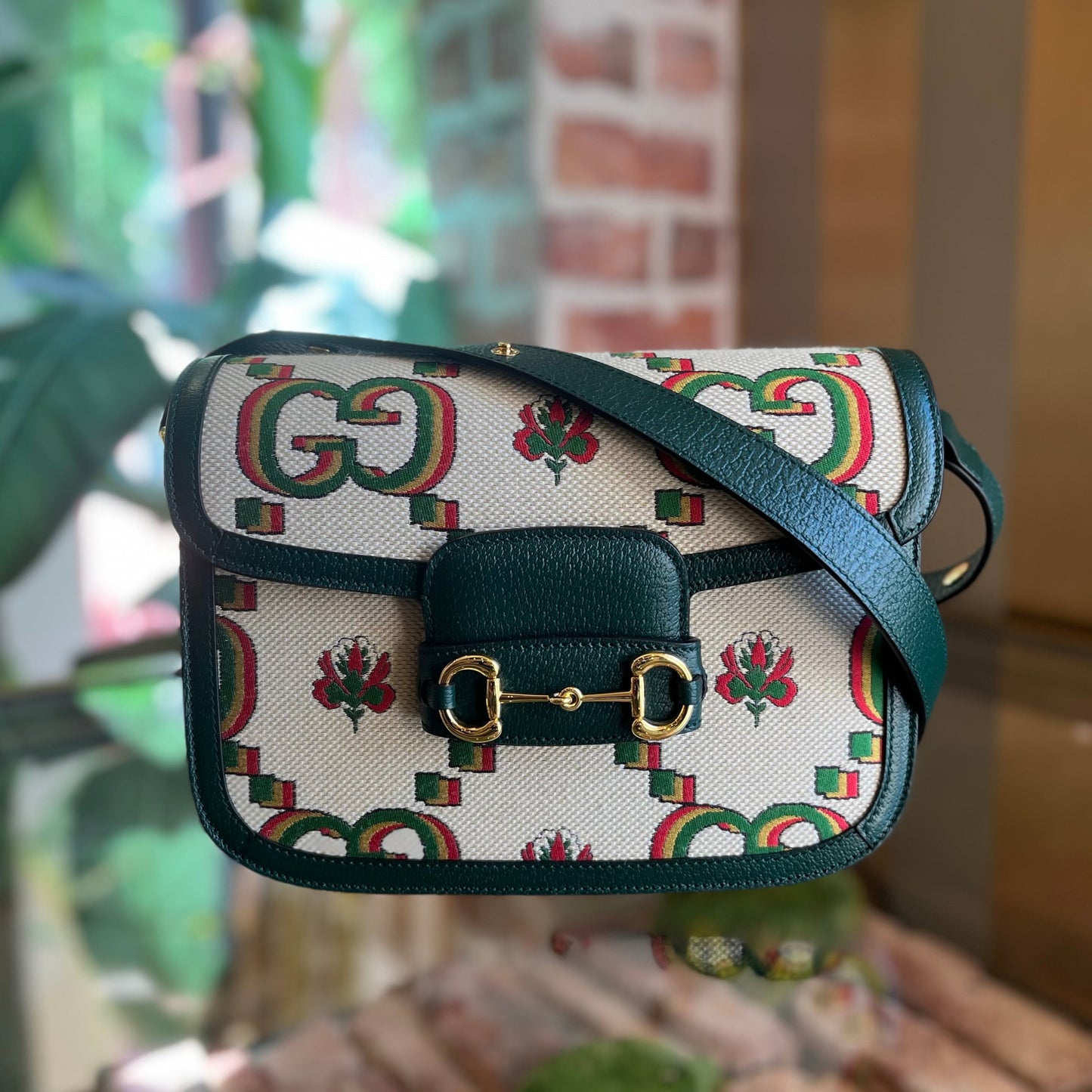 GUCCI 1955 Horsebit Small Green Ivory 100th Anniversary Cotton GG Floral Monogram Canvas Crossbody Bag