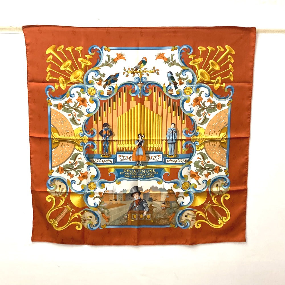 HERMES scarf silk Orange Carre90 ORGAUPHONE AND MECHANIQUES Pipe organ and clockwork instruments