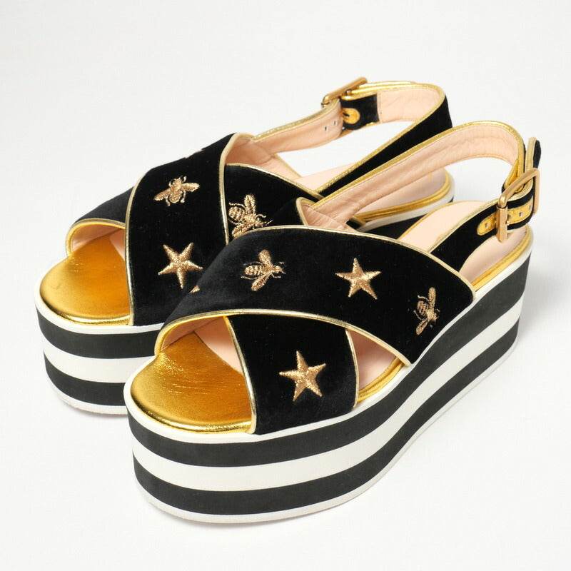 GUCCI Sandals velvet Black / white / gold 34 1/2