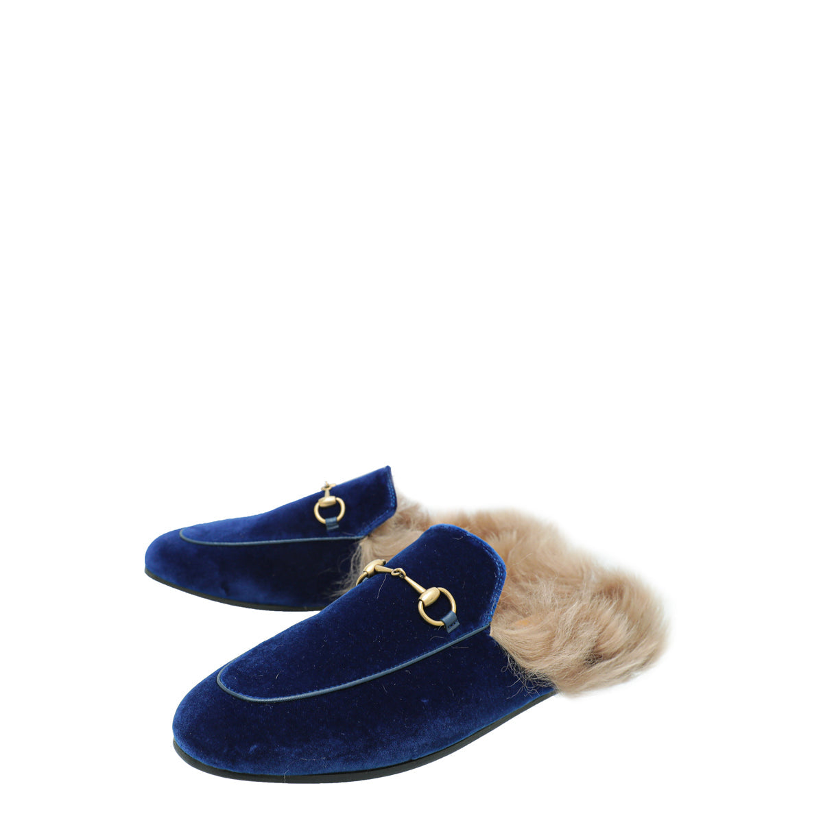 Gucci Blue Velvet Fur Princetown Mules 39.5