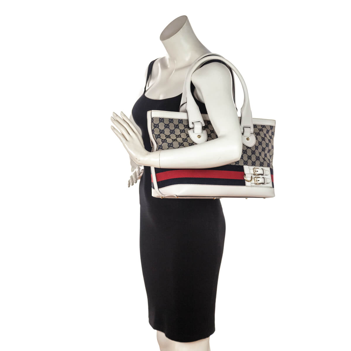Gucci White & Navy Monogram Web Tote