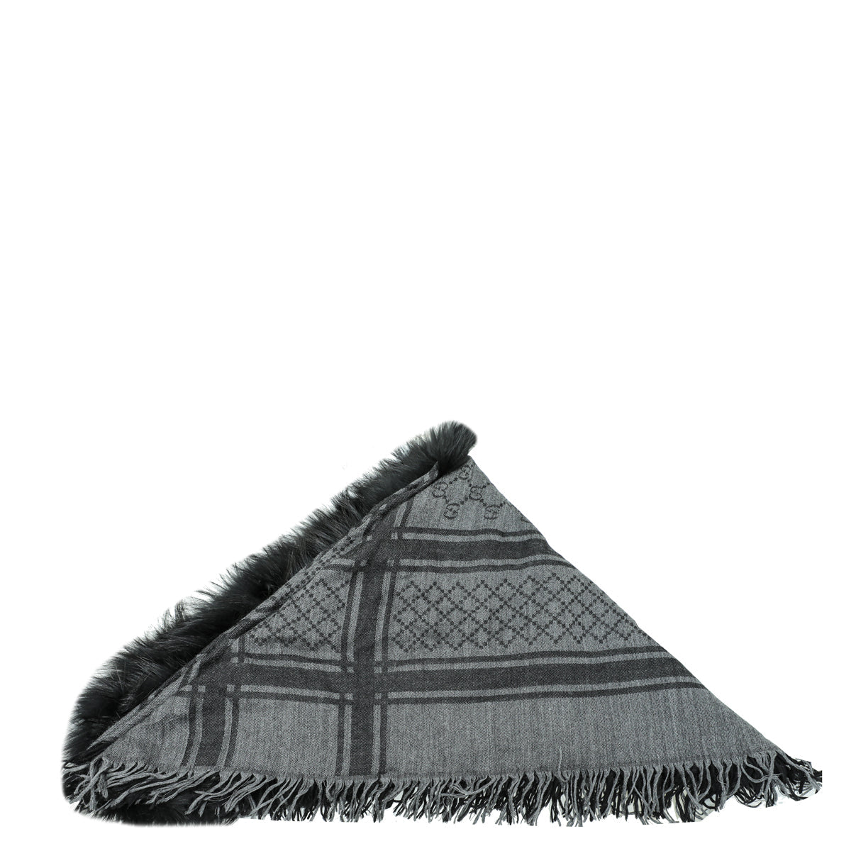 Gucci Black Wool Silk Fox Fur Monogram Shawl