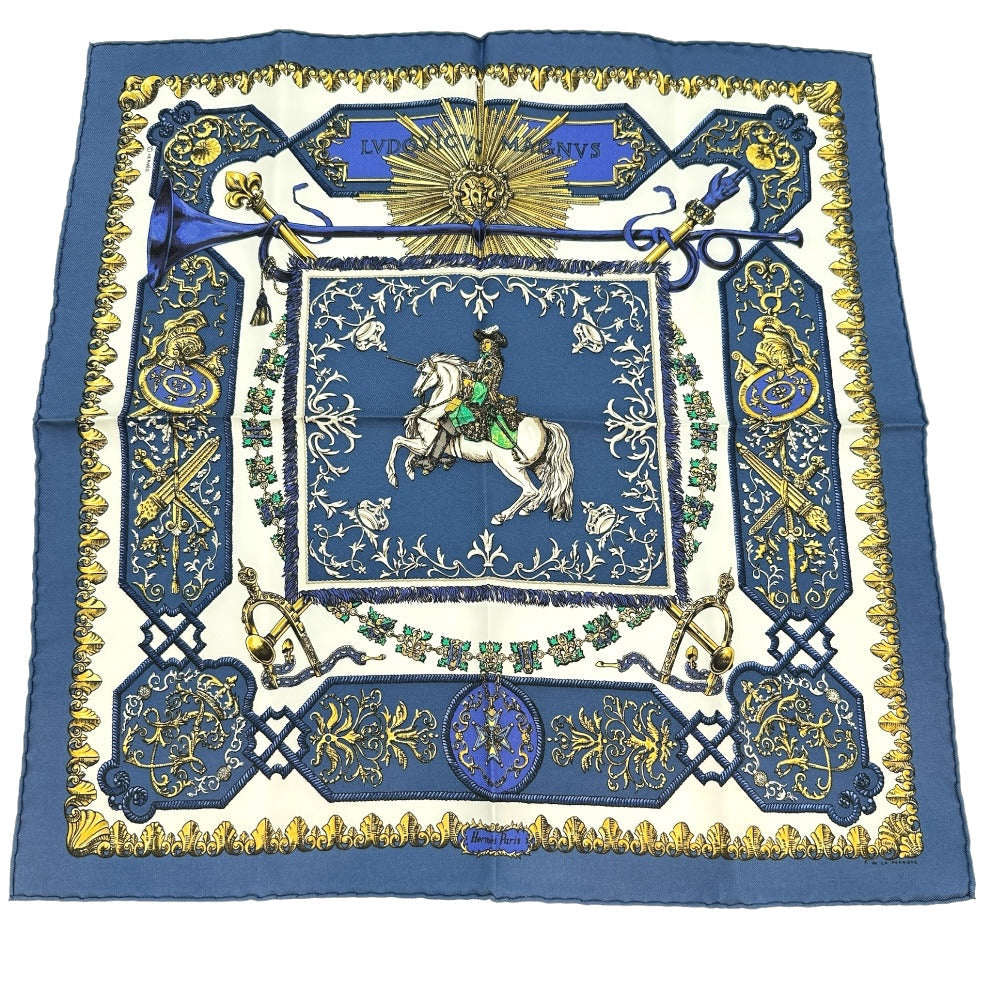 HERMES scarf silk blue Louis XIV straddling a white horse LVDOVICVS MAGNVS Carre42 Women Used