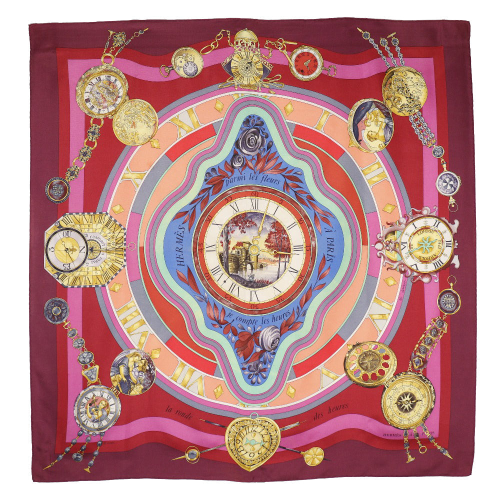 HERMES scarf silk Red Time spent in the flowers parmi les fleurs je compte les heures Carre90 Women Used