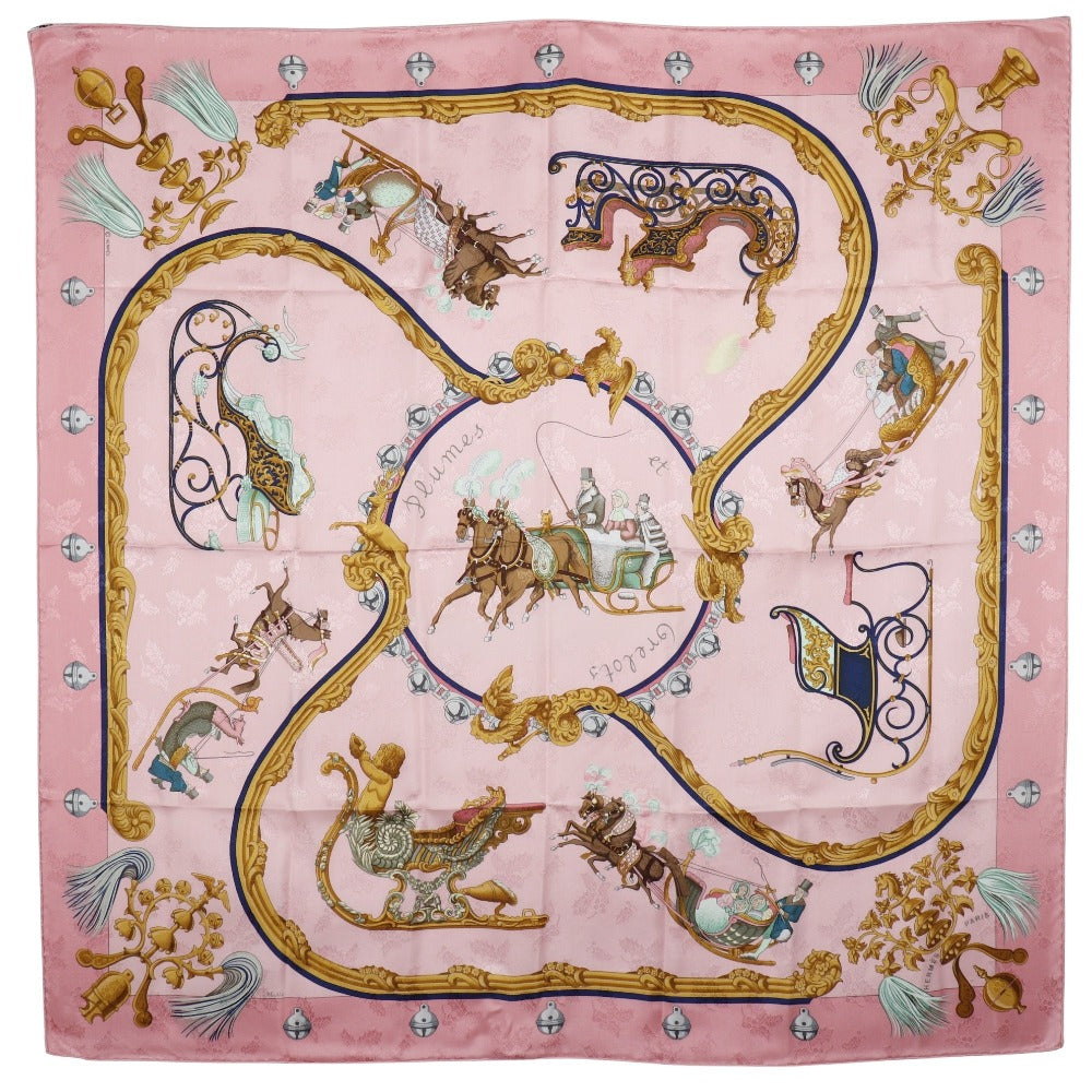 HERMES scarf silk pink Feather and bell Plumes et Grelots Carre90 Women Used