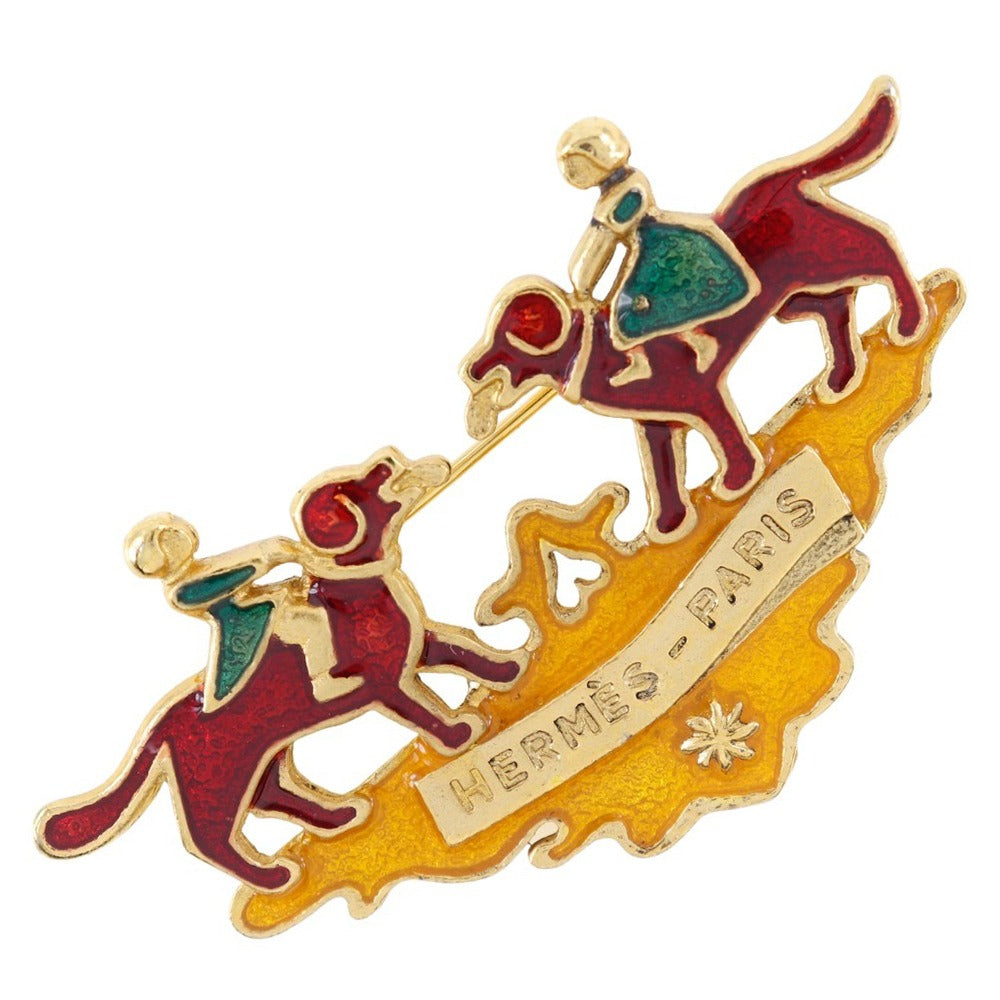 HERMES Brooch Plated Gold wine-red Cloisonne dog and girl Women Used