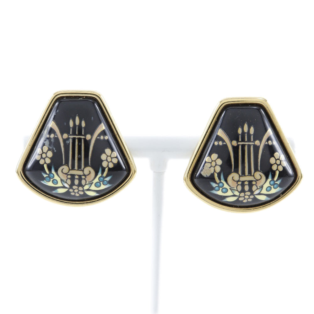 HERMES Earring Plated Gold black Cloisonne Emile Harp motif Women Used