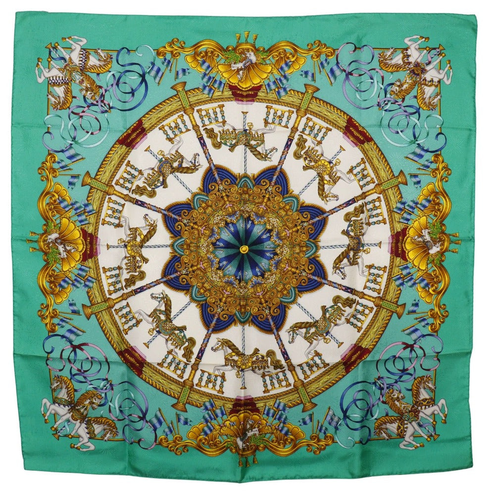 HERMES scarf silk Green LUNA PARK amusement park Carre90