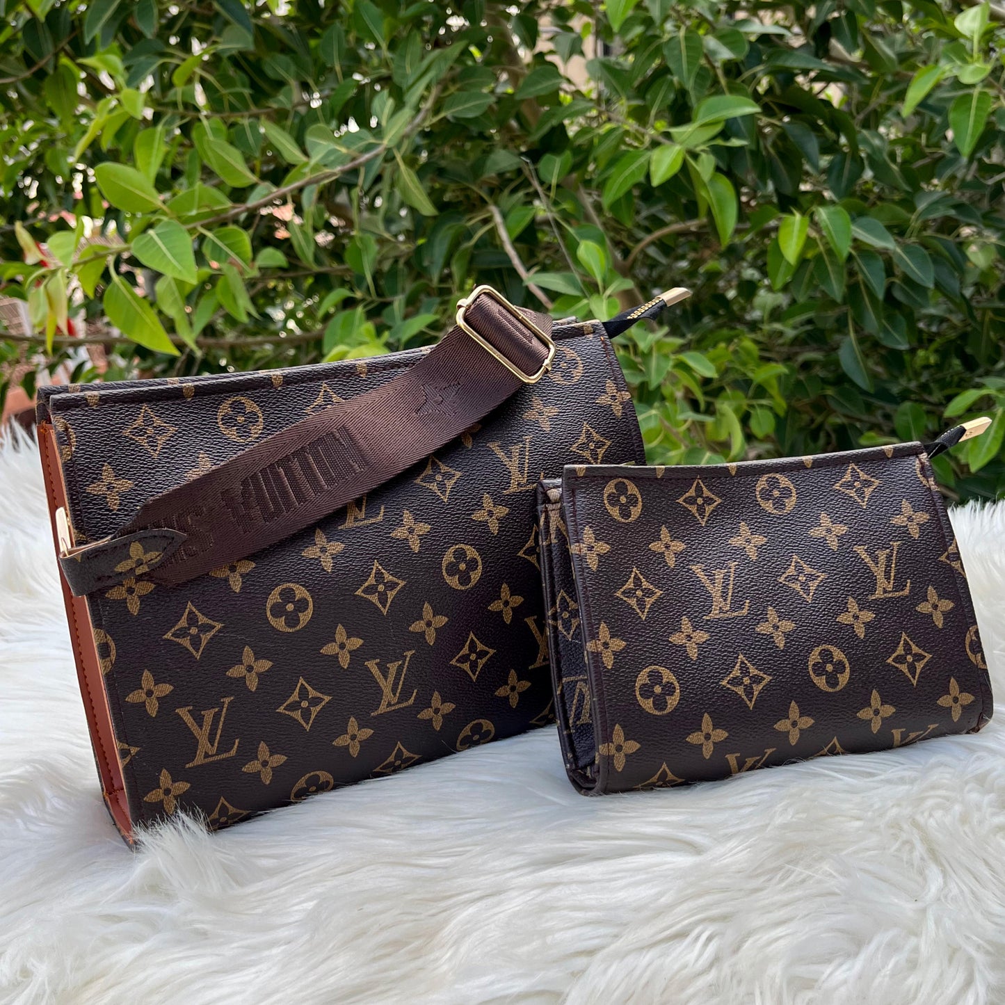 Louis Vuitton Cross Body Pouch LV Print 2-Piece Set for Women (Brown) no box