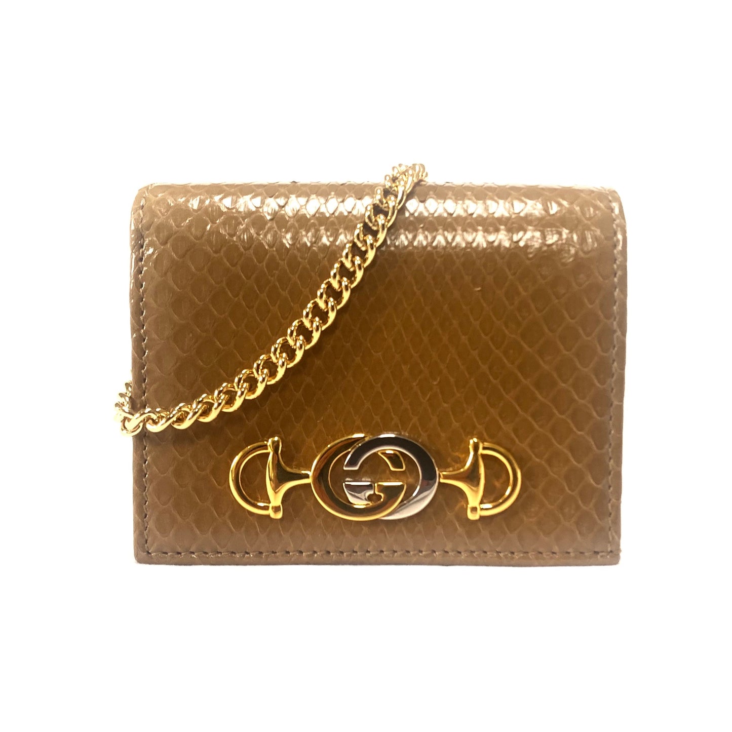 Gucci Zumi Horse-bit Snakeskin Card Case on a Chain in Brown