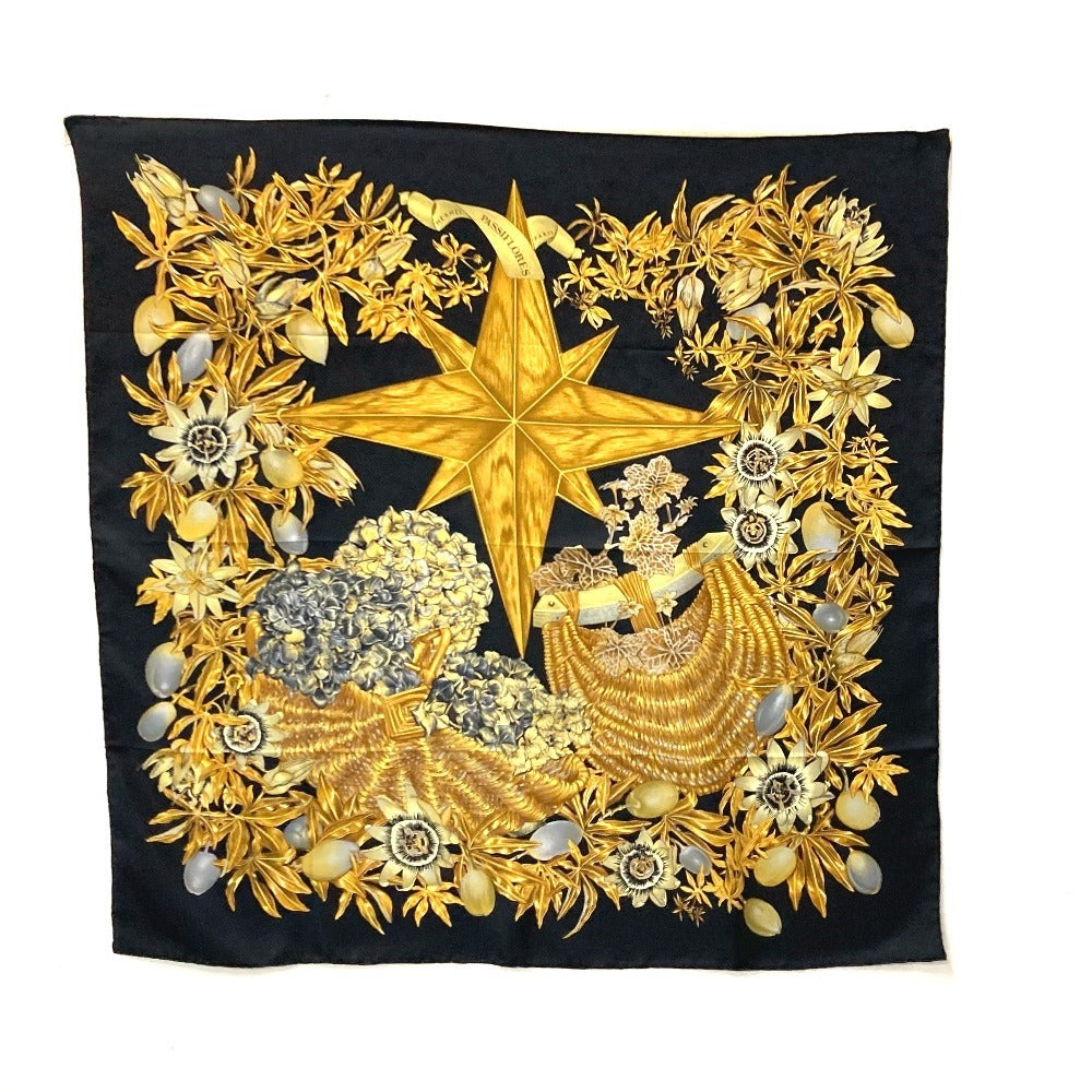 HERMES scarf silk black Carre90 PASSIFLORES Passion Flower Women Used