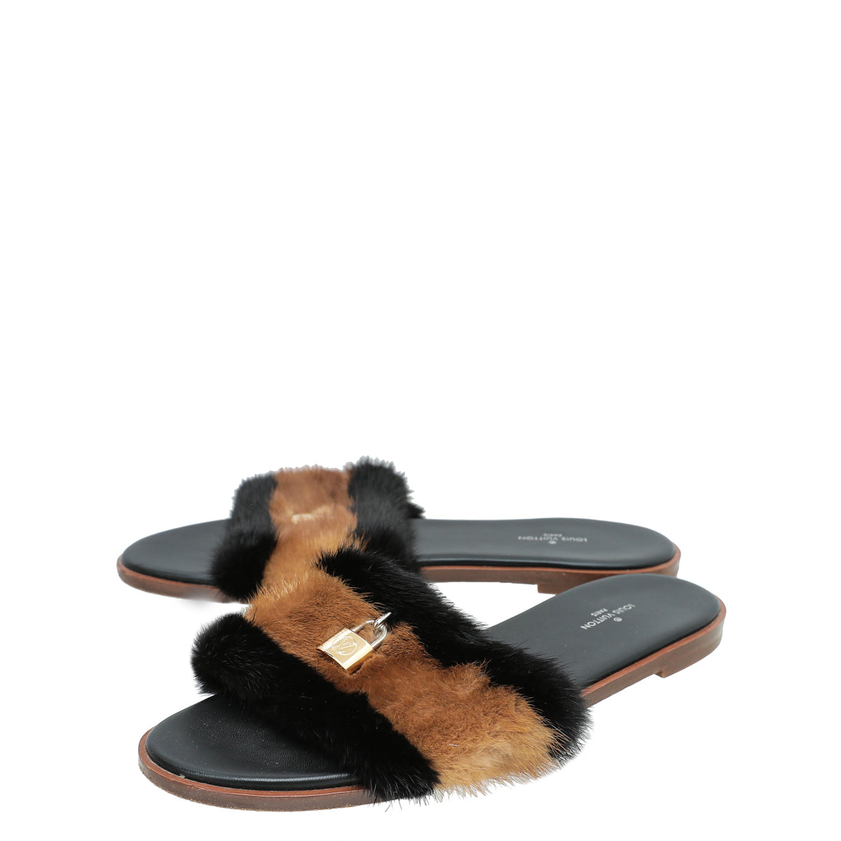 Louis Vuitton Bicolor Lock It Mink Fur Flat Sandal 40