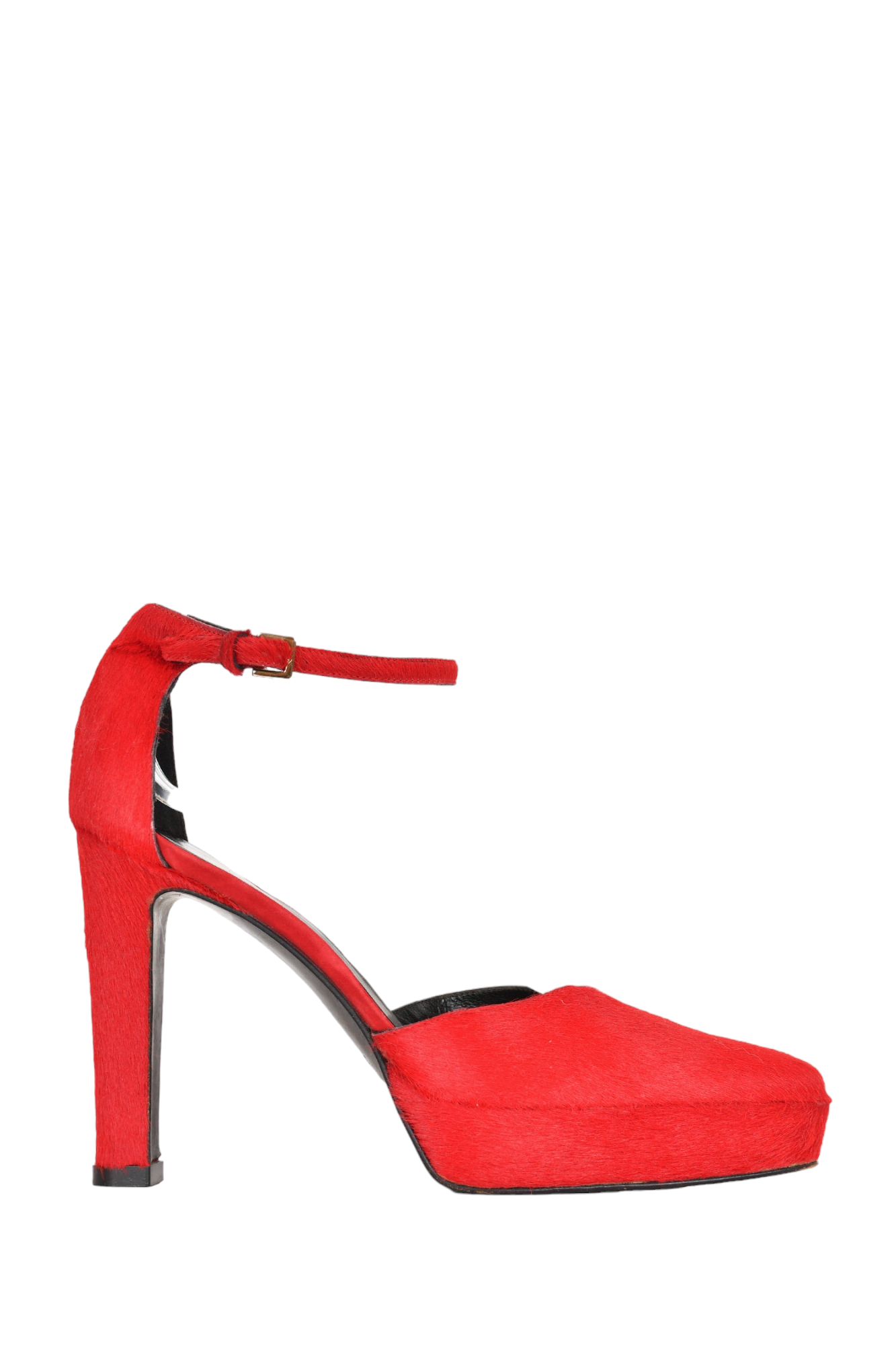 Gucci Red 'Pony Skin' Square Toe Ankle Strap Heels Size 36.5