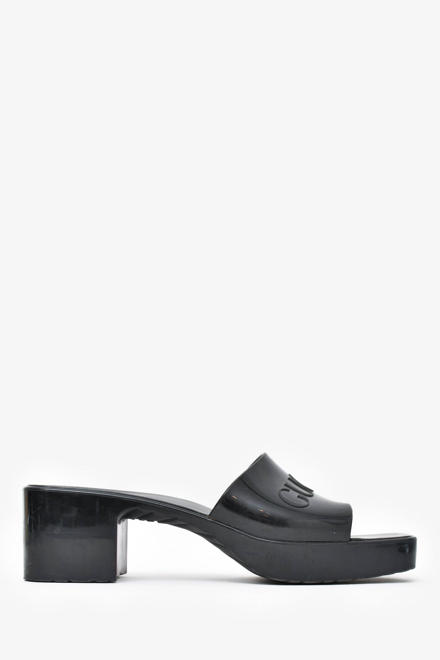 Gucci Black Rubber Logo Heeled Sandals Size 38