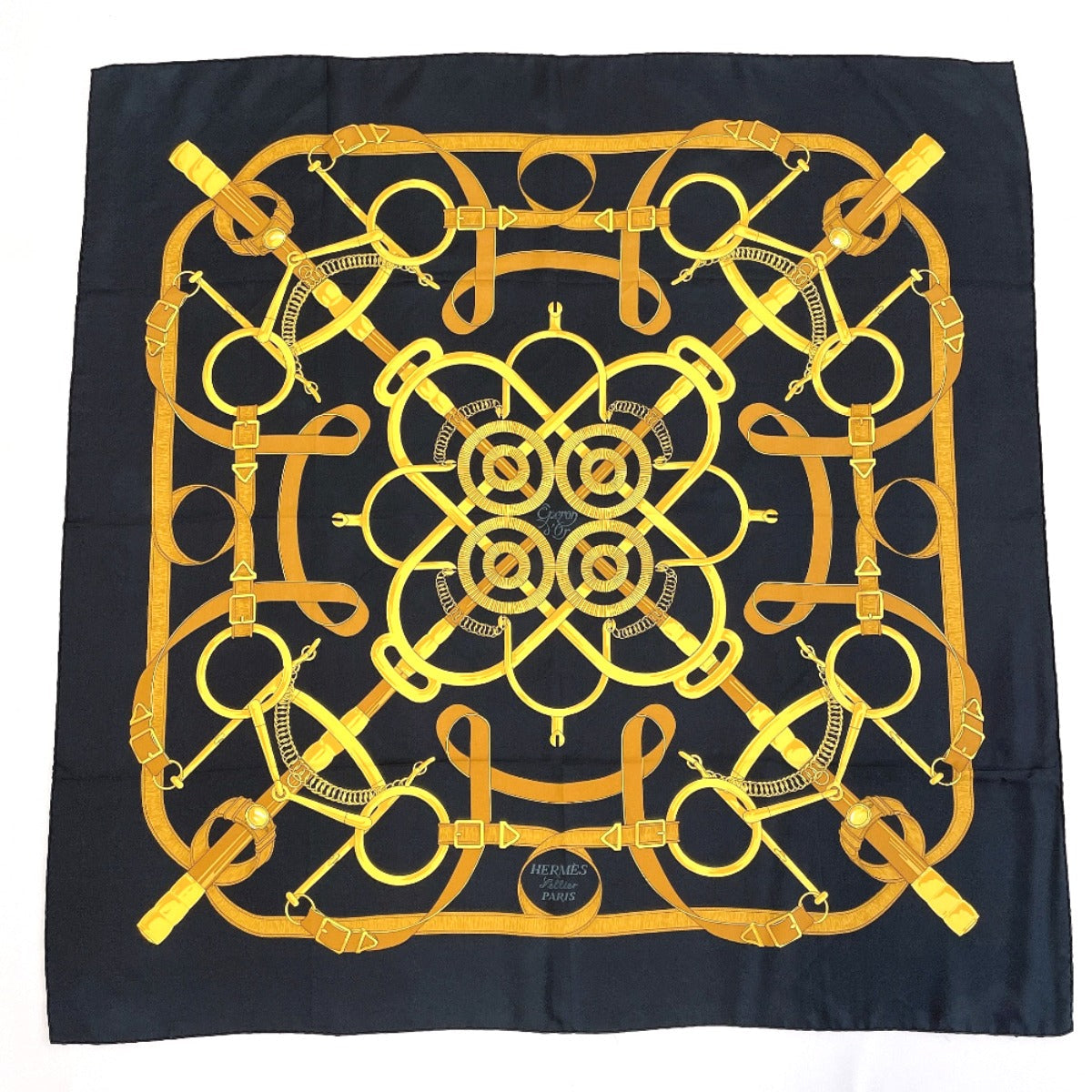 HERMES scarf Silk, 100% silk black Eperon dor Golden Spur Carre 90