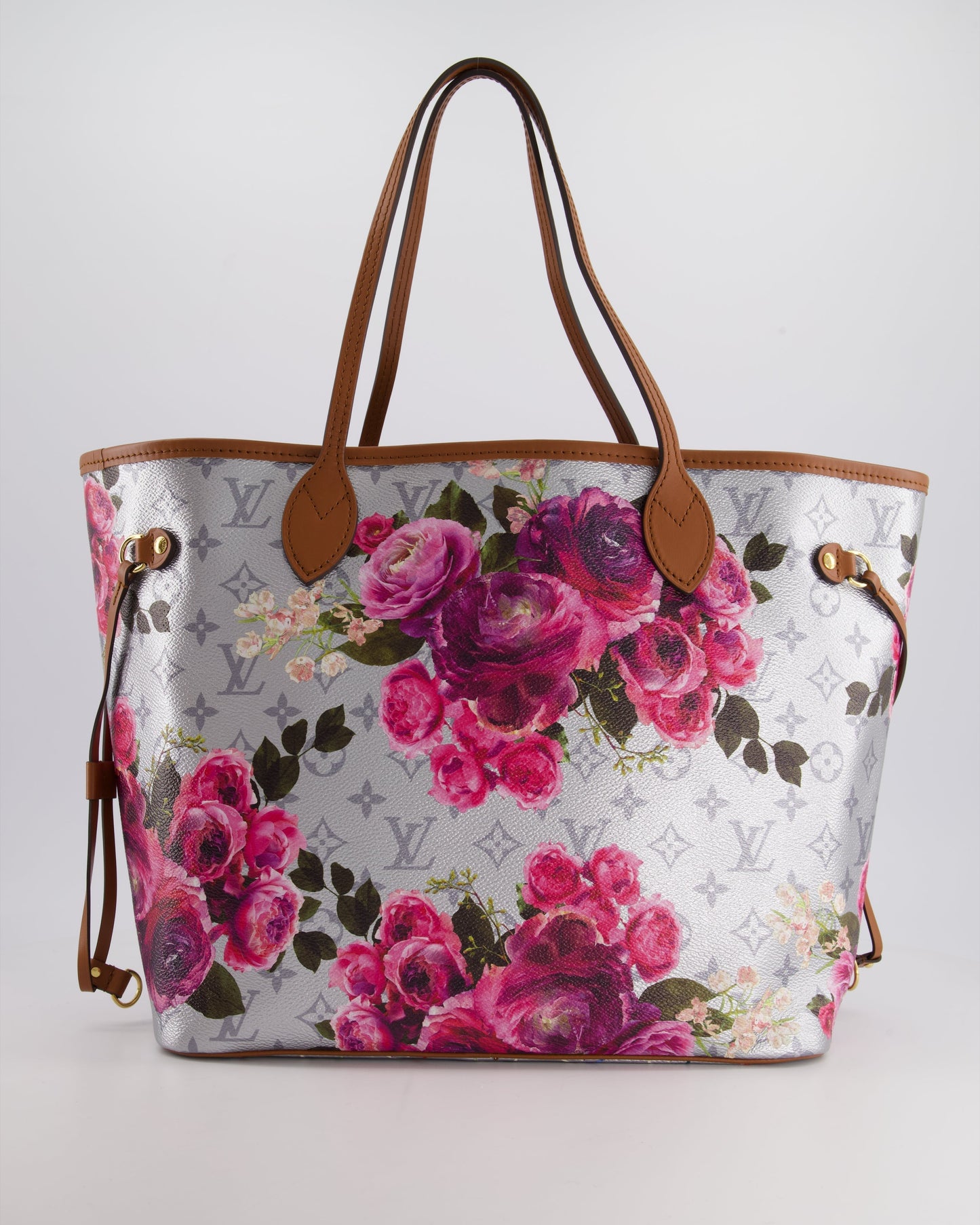 *LIMITED EDITION* Louis Vuitton Garden Capsule 2022 Neverfull MM Bag in Silver and Pink Floral Monogram Canvas with Brown Leather and Gold Hardware
