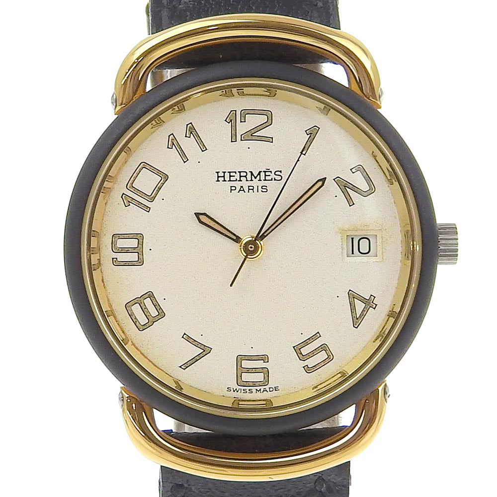 HERMES Watches Quartz Stainless Steel, Plated Gold, Leather gold Pullman White dial mens Used