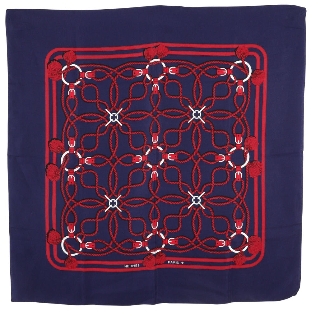 HERMES scarf silk Navy blue / red Rope Pattern Carre Women Used