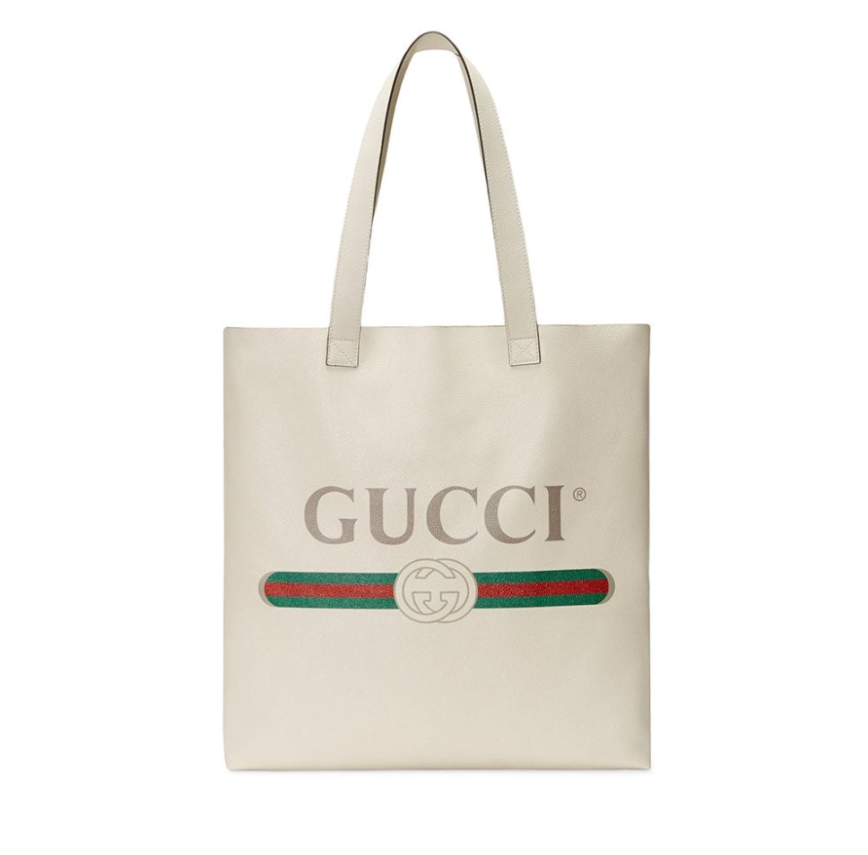 Gucci Logo Print Leather Tote Bag in White