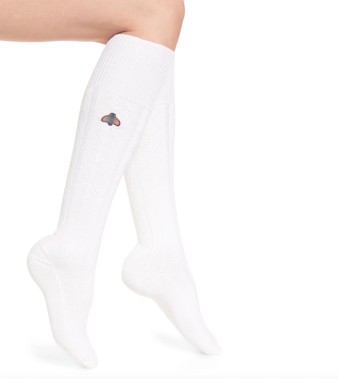 Gucci Wool Blend Knee High Socks with Bee Patch In Ivory