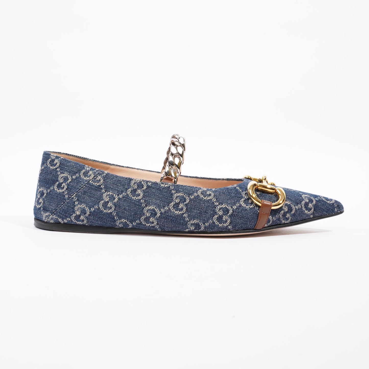 Gucci Ballerina GG Pump Blue / Gold Denim EU 37.5 UK 4.5