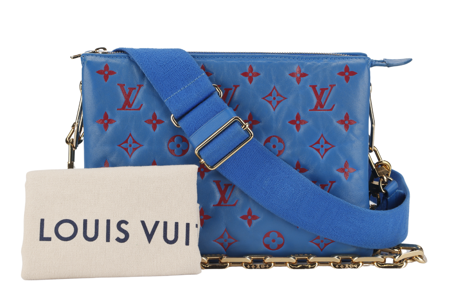 LOUIS VUITTON COUSSIN CROSSBODY BAG PM BLUE & RED EMBOSSED LAMBSKIN GOLD HARDWARE MICROCHIP WITH DUST COVER AND BOX