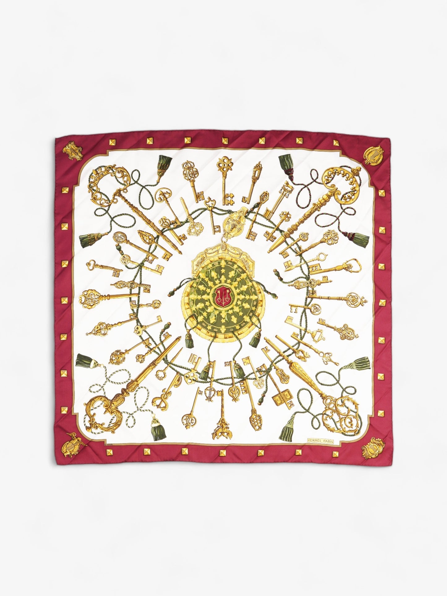 Hermes Hermès Carré 90 LES CLES Keys Scarf Burgundy / Cream / Gold Silk