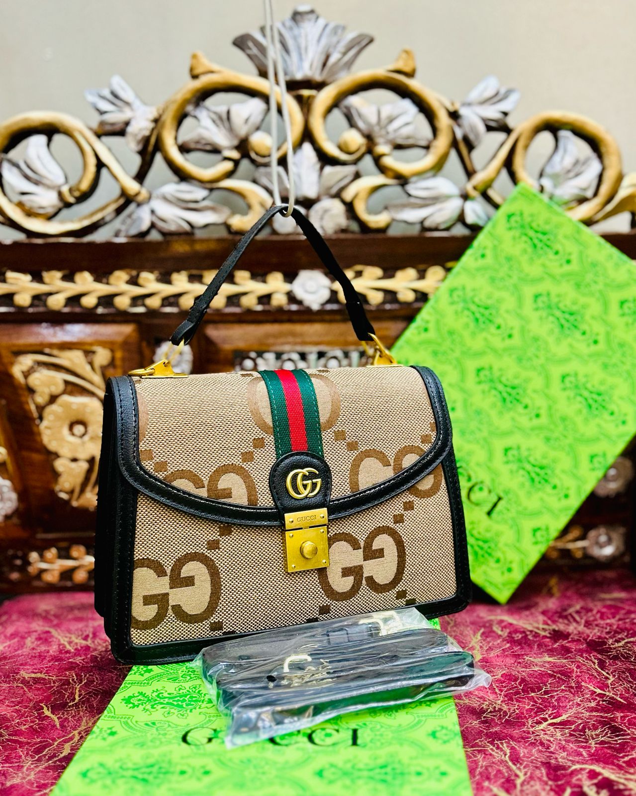 Gucci-Inspired Ophidia Bag with Long Chain and Branded Packing (Black-2)
