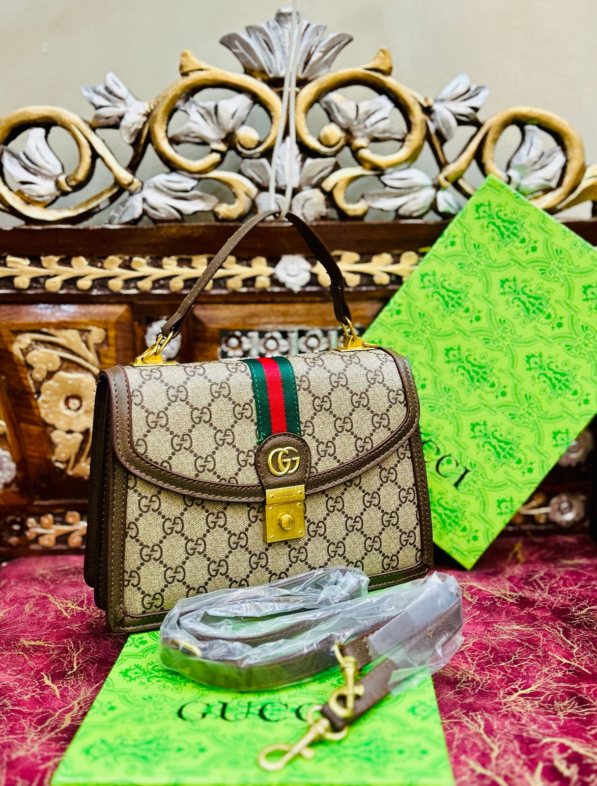 Gucci-Inspired Ophidia Bag with Long Chain and Branded Packing (Brown)
