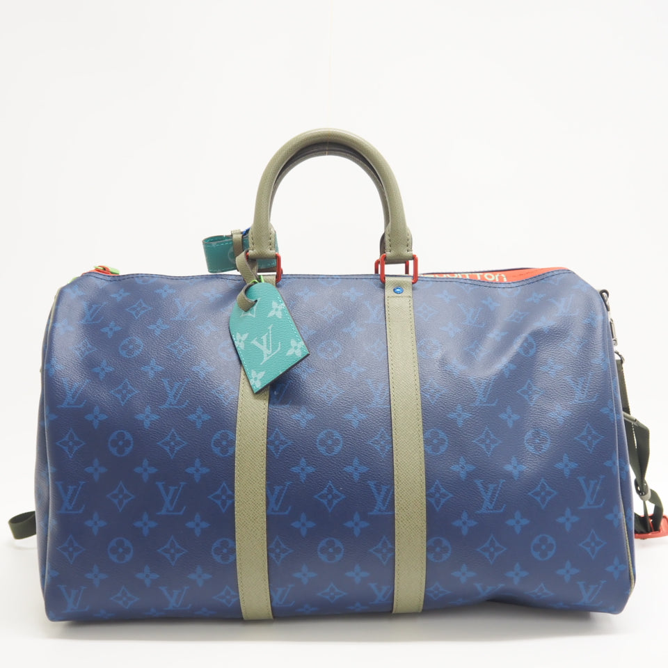 LOUIS VUITTON Boston Duffel bag M43855 leather blue monogram pacific Keepall bandouliere45