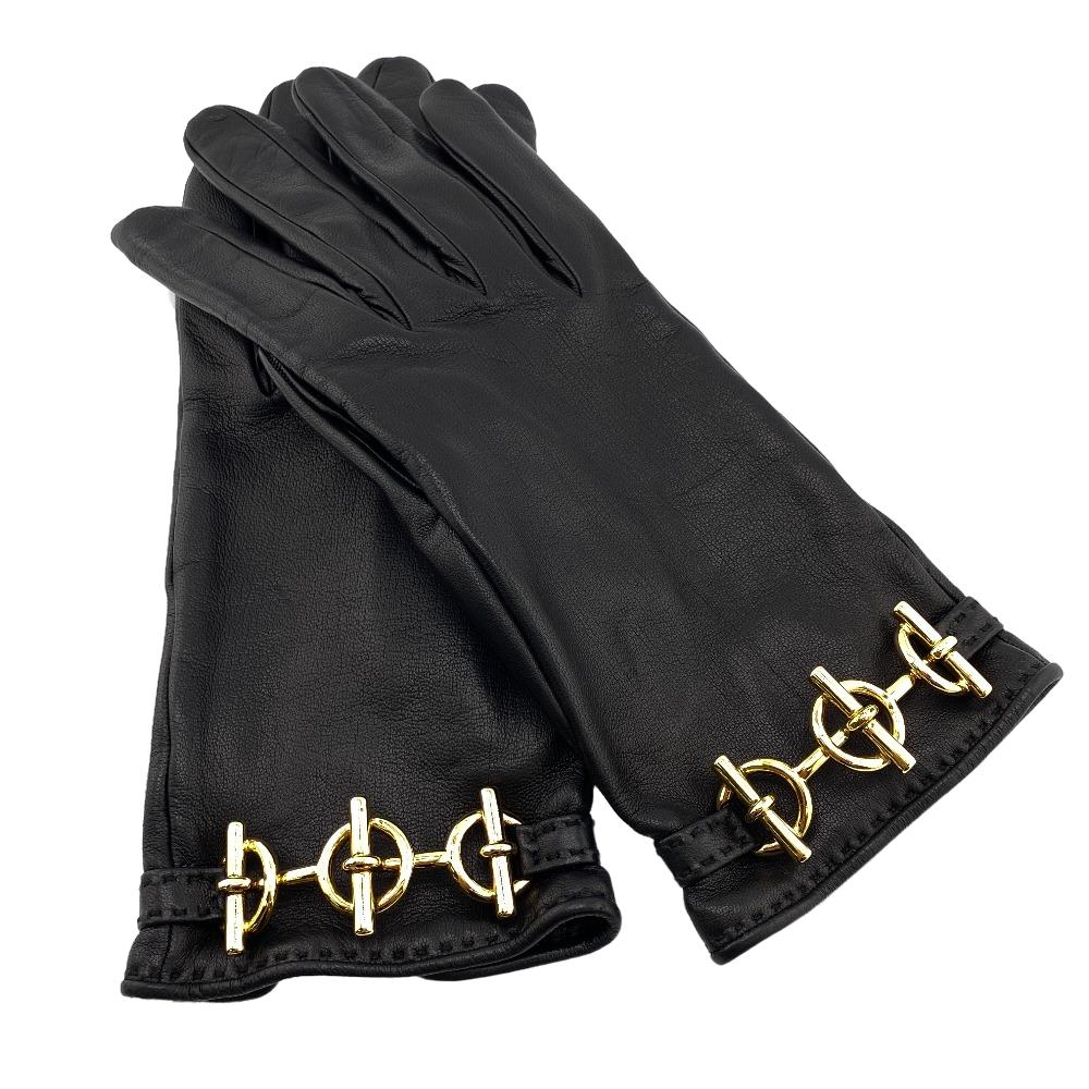 HERMES gloves leather black Chene Dunkle