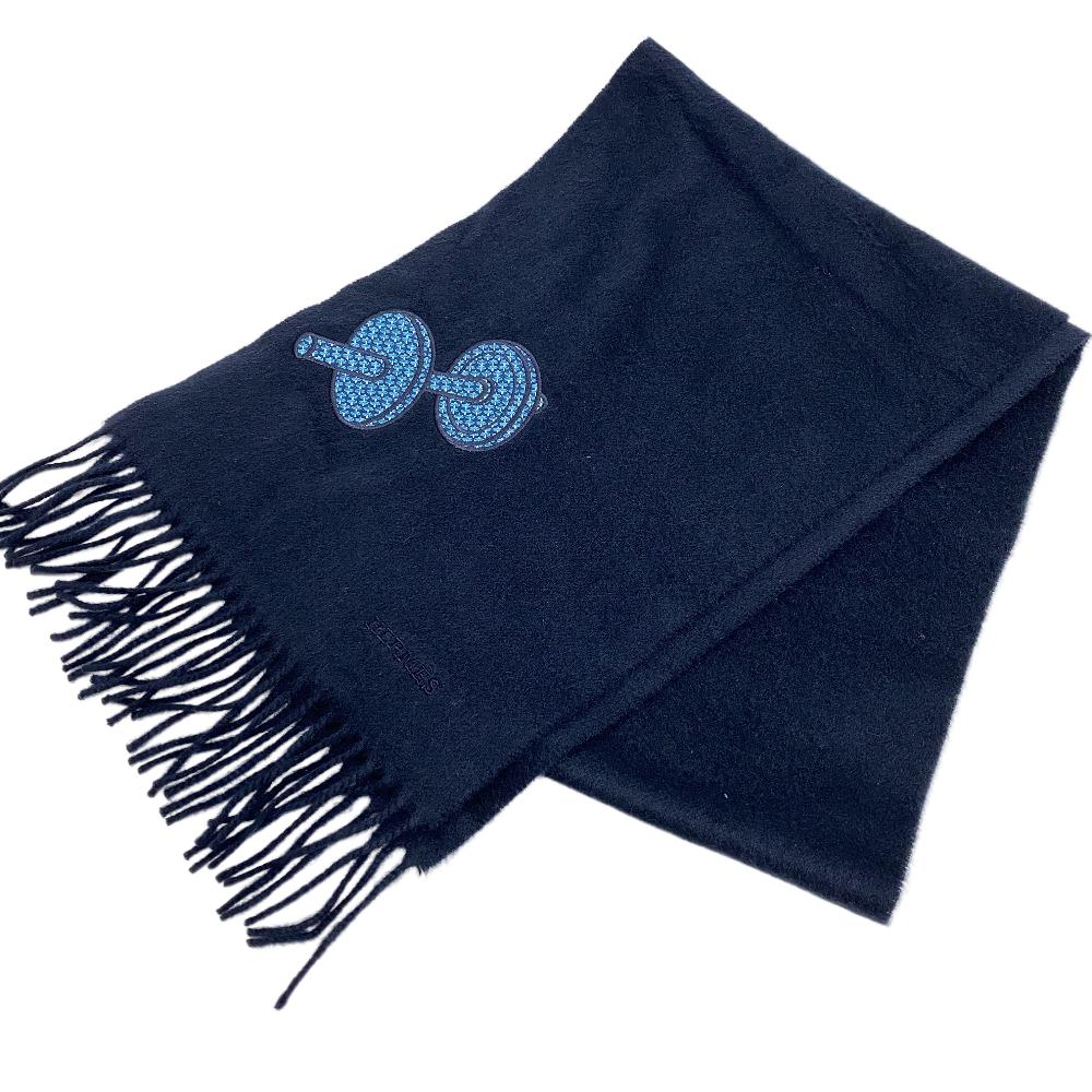 HERMES Scarf Cashmere Pashmina , Silk Dark navy Fringe muffler Dumbbell logo embroidery mens Used