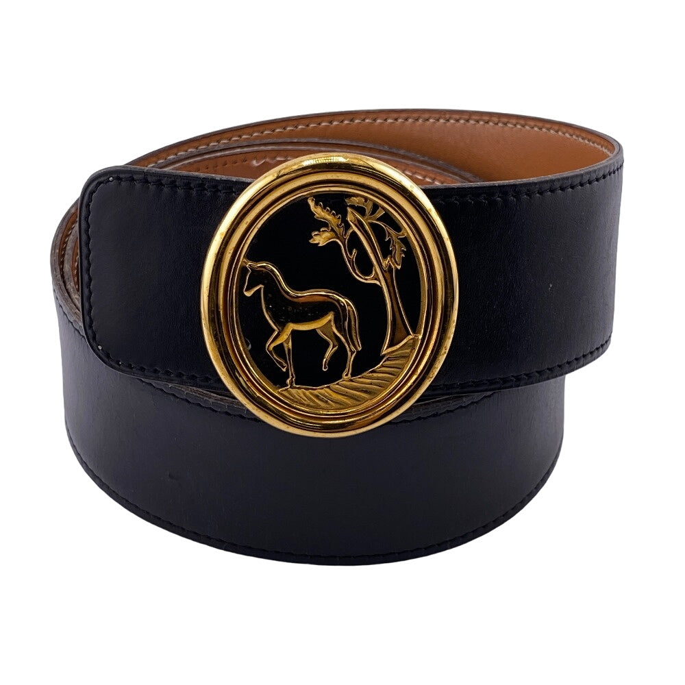 HERMES belt leather black Horse buckle 90