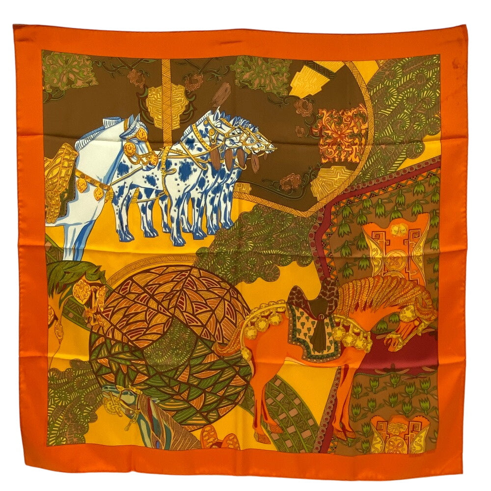 HERMES scarf silk Orange Carre90 art des steppes
