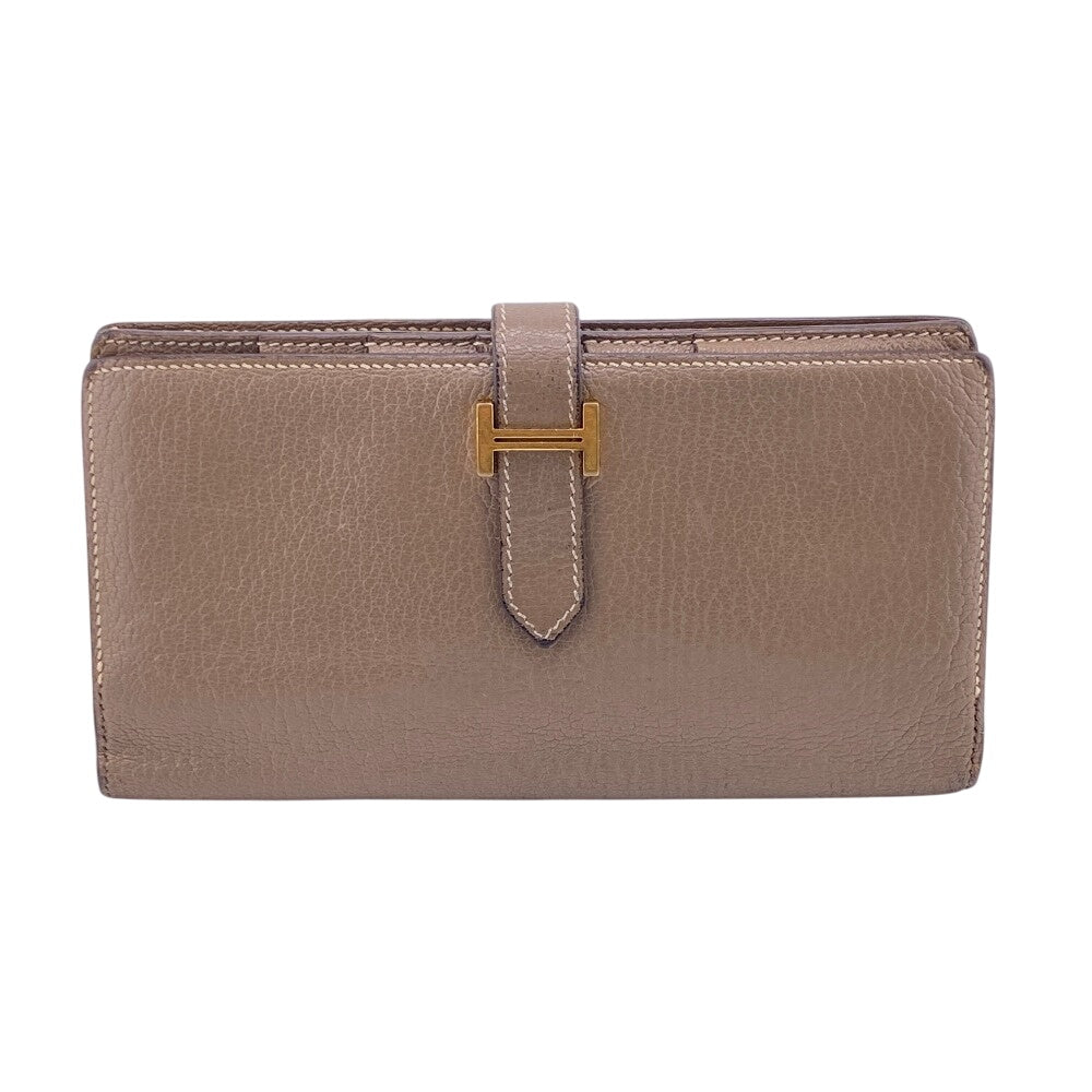 HERMES Bifold Wallet Chevre Mysore, Leather beige Hermes Bearn Soufflet Chevre Mysore Wallet Etoupe Gold Metal □O:2011