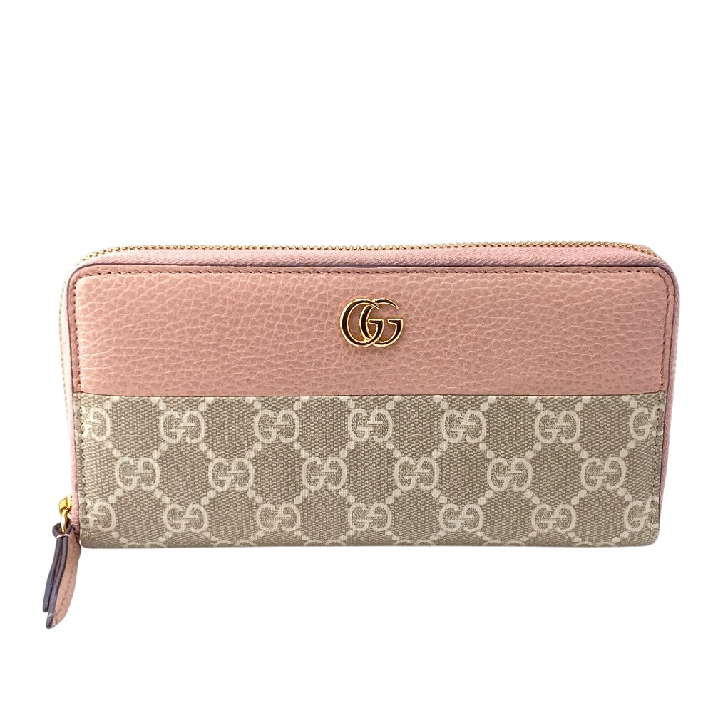 GUCCI Long Wallet Purse 456117 Calfskin Dusty Pink Zip Around GG Marmont GG Supreme Women Used