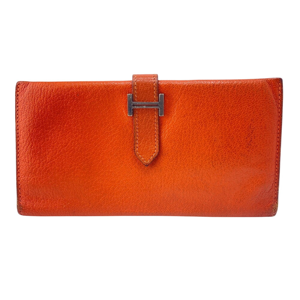 HERMES Long Wallet Purse Chevre Misol Orange Bean Women Used