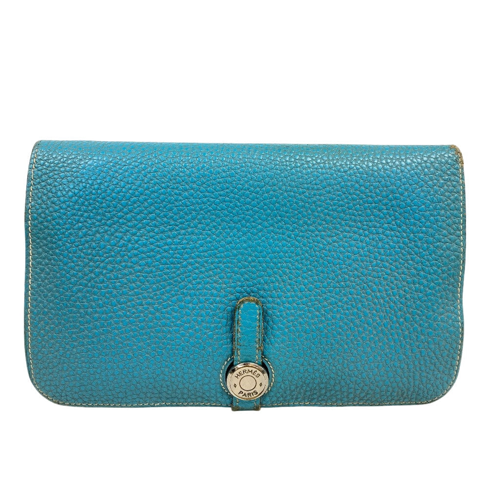 HERMES Long Wallet Purse leather Blue gene Dogon GM Women(Unisex) Used