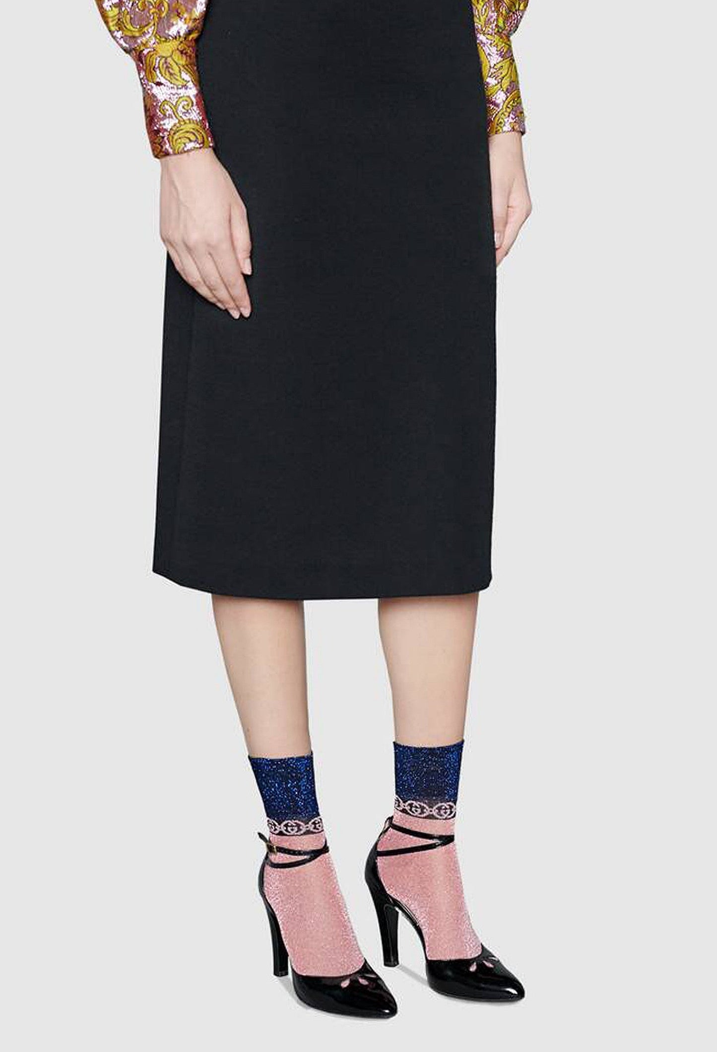 Gucci Lamé Interlocking GG Chain Metallic Socks in Pink