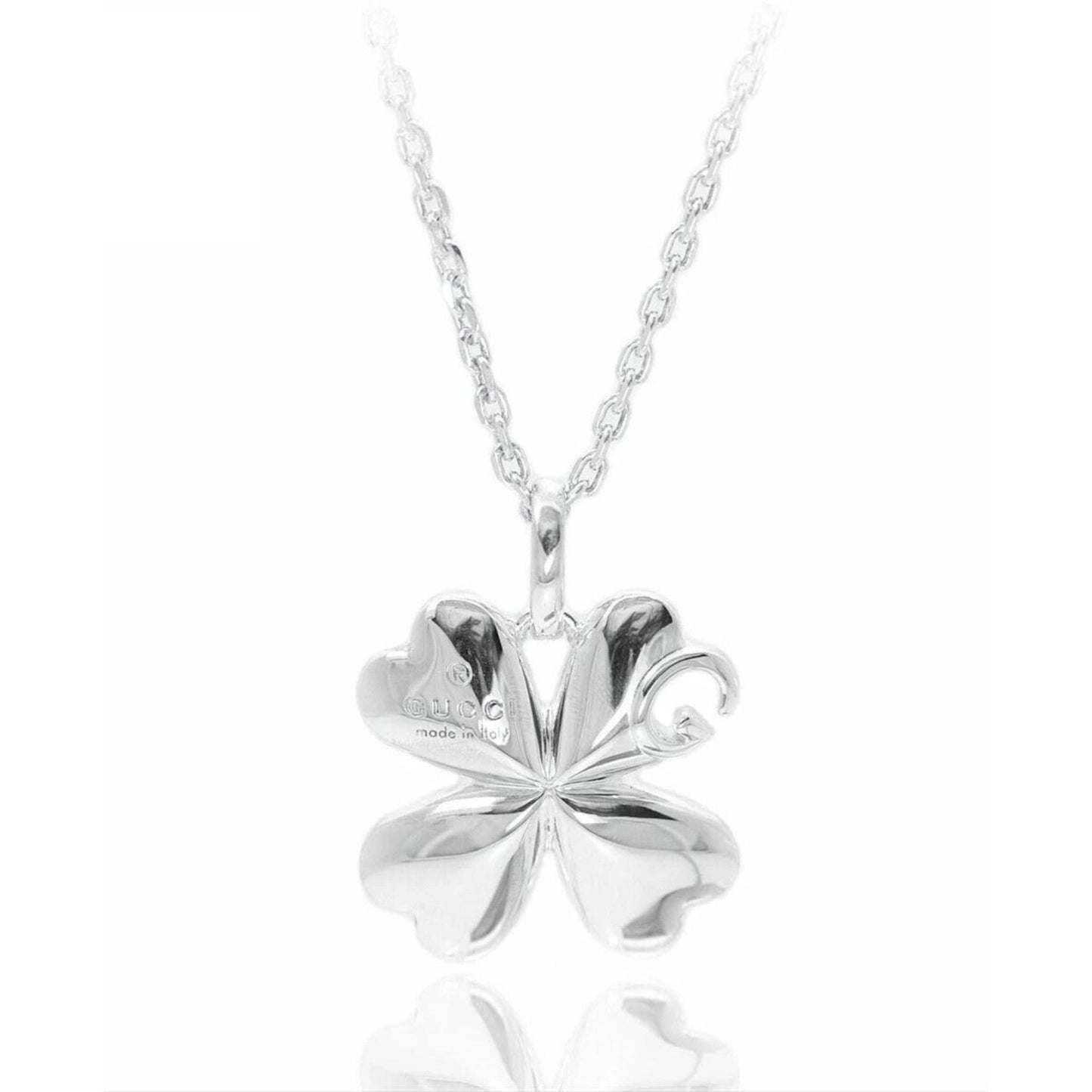 Gucci sterling silver four leaf clover pendant with G logo cut-out on an 18" chain
