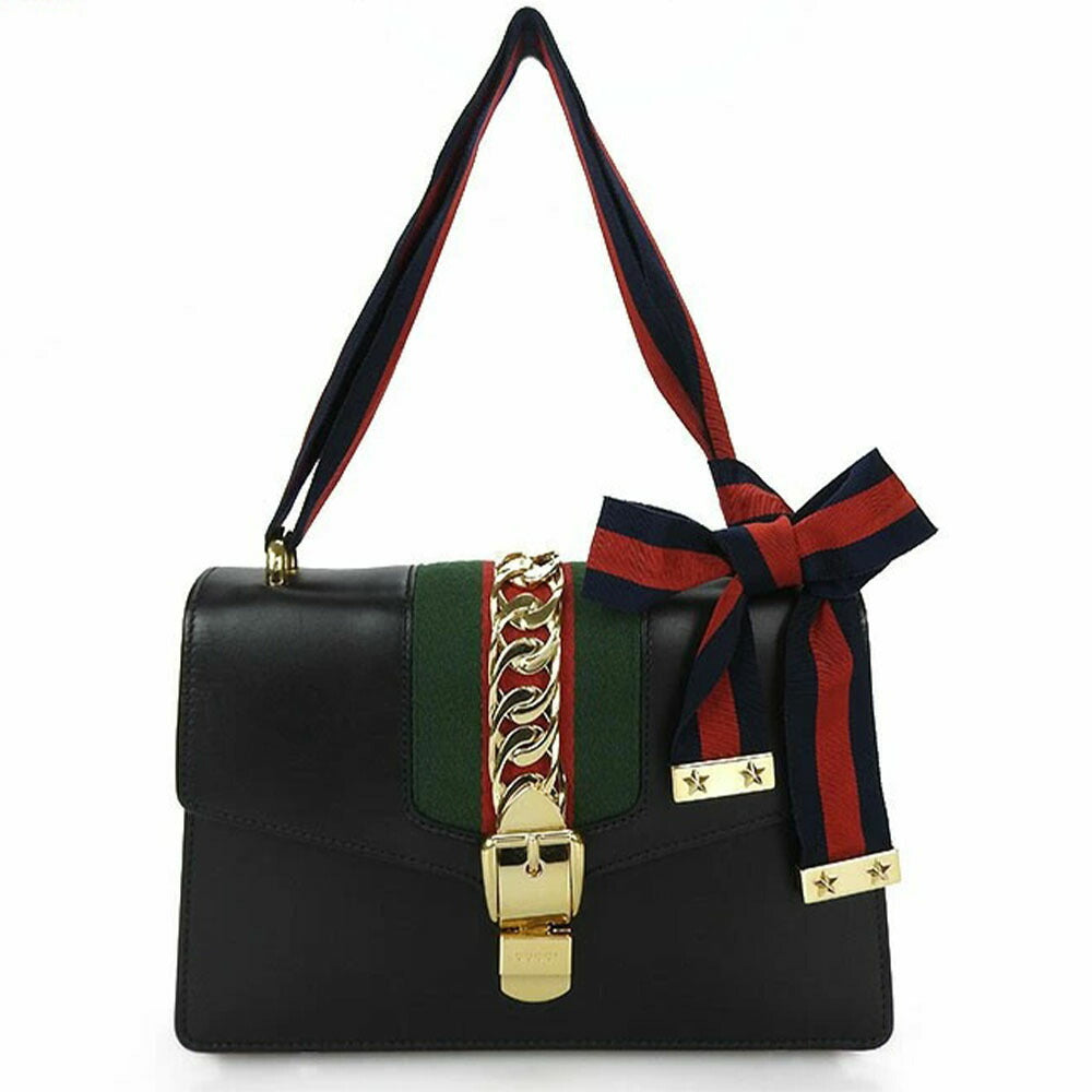 GUCCI Shoulder Bag 421882 leather black Web line Silvi Small
