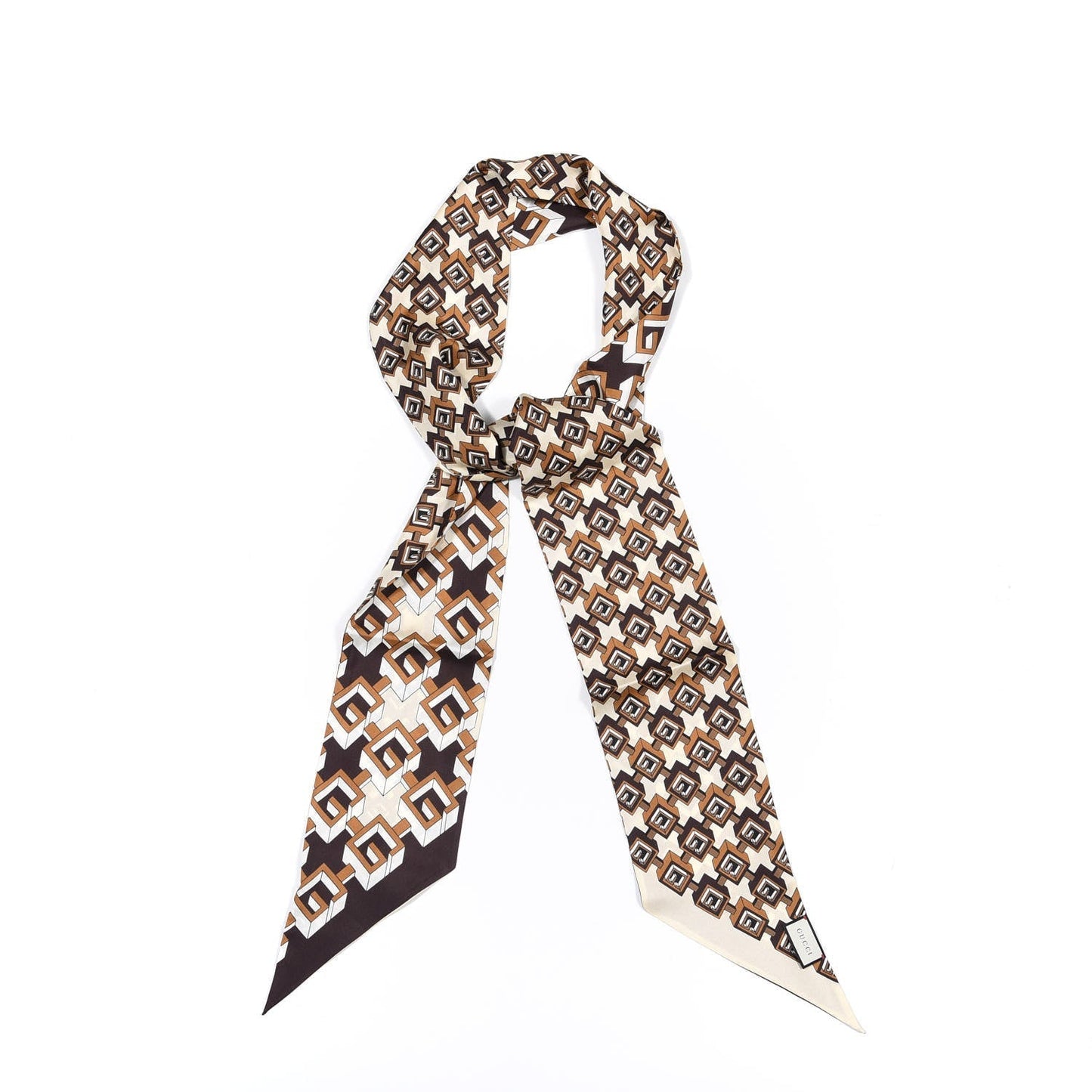 Gucci Silk Geometric G Print Neck Bow Scarf in Brown