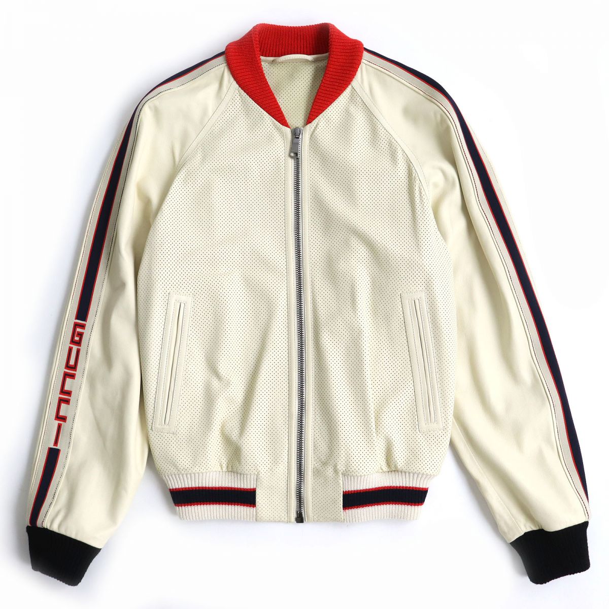 GUCCI Bomber jacket Main: Lamb leather, Main: 97% cotton, Main: 2% nylon, Main: 1% polyurethane, Part: 100% nylon Ivory mens 44 Used