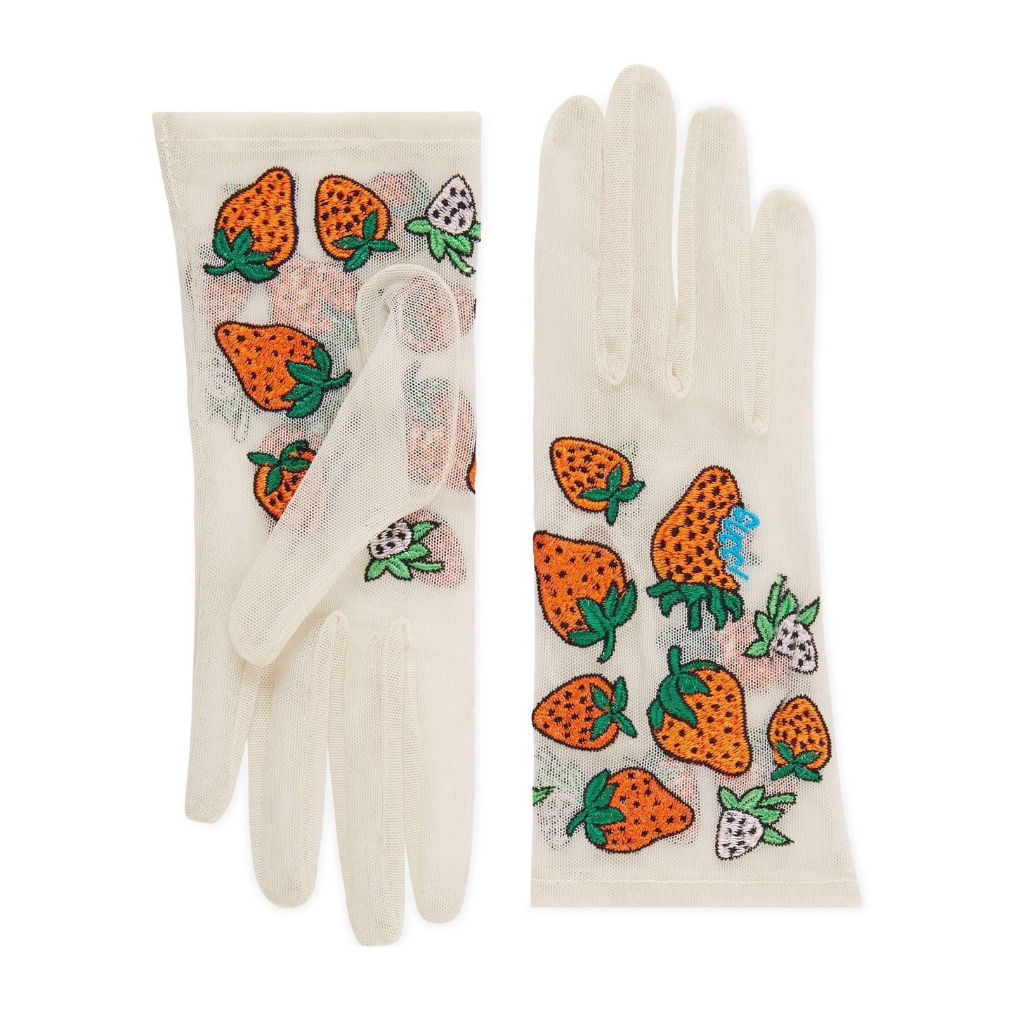 Gucci Tulle Strawberry Embroidered Gloves in White