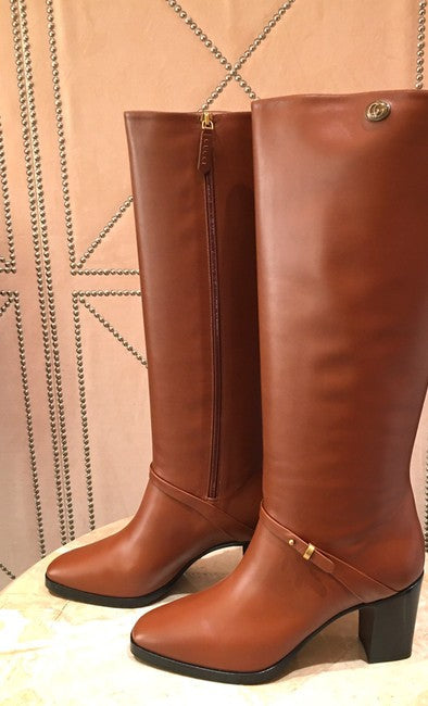 Gucci Double G Leather Knee-high Heeled Boots in Brown