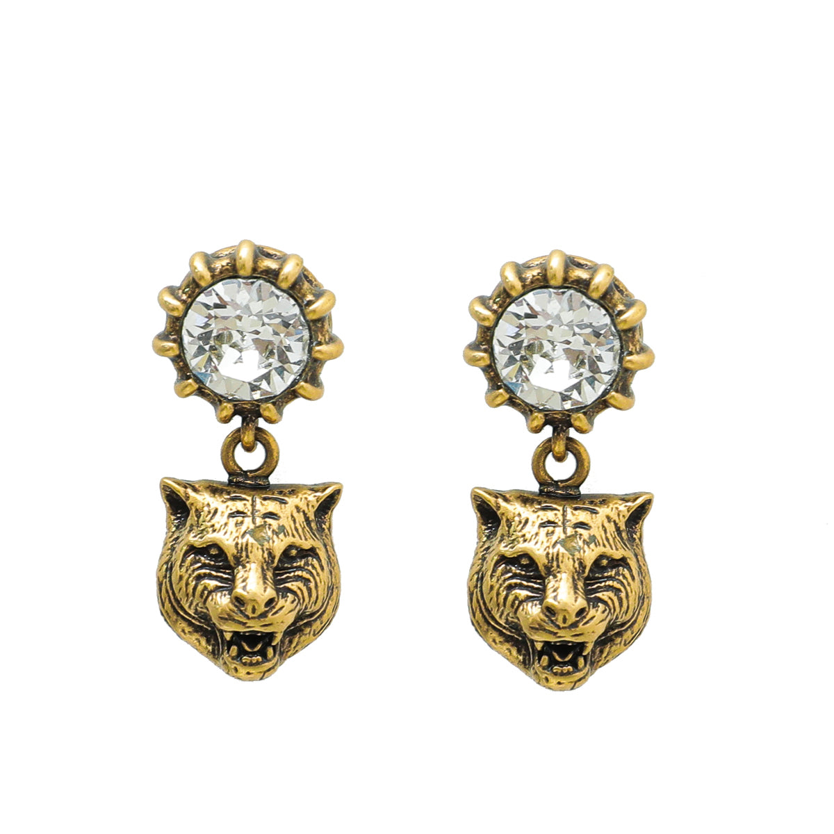 Gucci Gold Angry Cat Crystal Drop Earrings